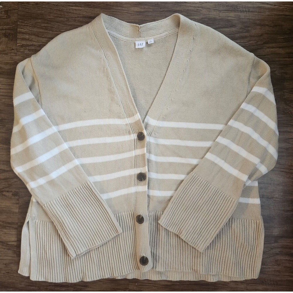 GAP 100% Cotton Cardigan Sweater Classic Stripe Chunky Beige Color, Women's L